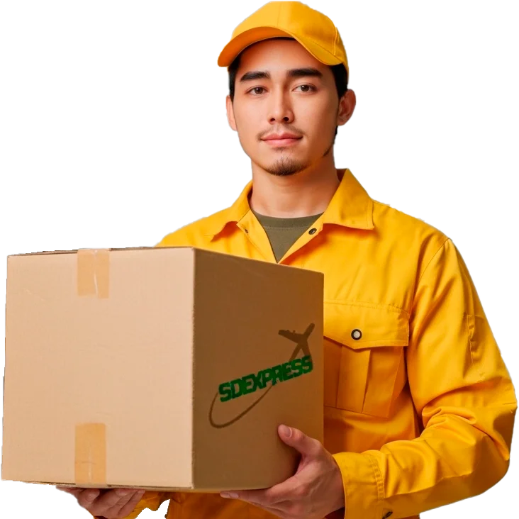 Paqueteria con SD Express, Chico con abrigo amarillo con paqueteria de SD Express